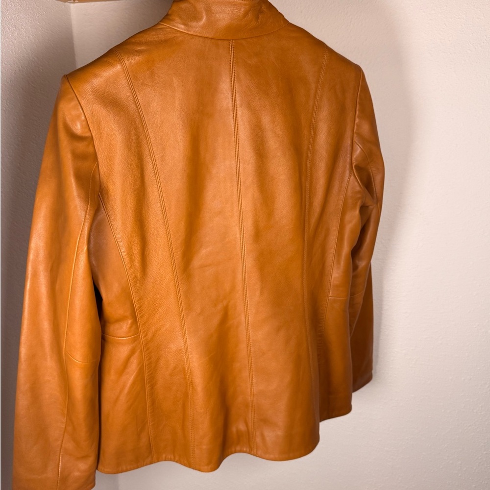 Cole Haan Brown Lambskin Leather Jacket Wing Collar Zip Front Size L - Picture 2 of 15